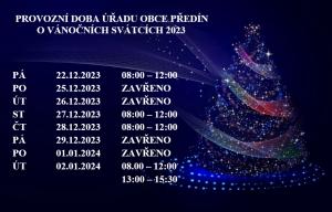PROVOZNÍ DOBA ÚŘADU OBCE PŘEDÍN  O VÁNOČNÍCH SVÁTCÍCH 2023